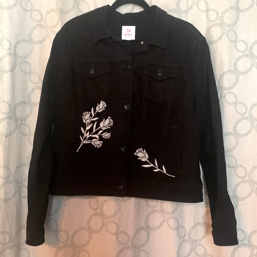 LuLaRoe Harvey Black Denim Jacket with white floral embroidery